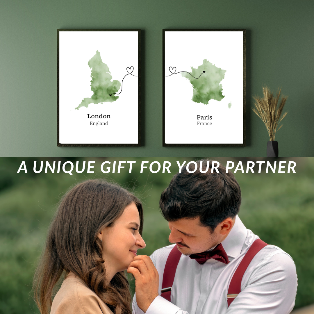 Two framed maps of London and Paris on a green wall with a couple in formal attire below.