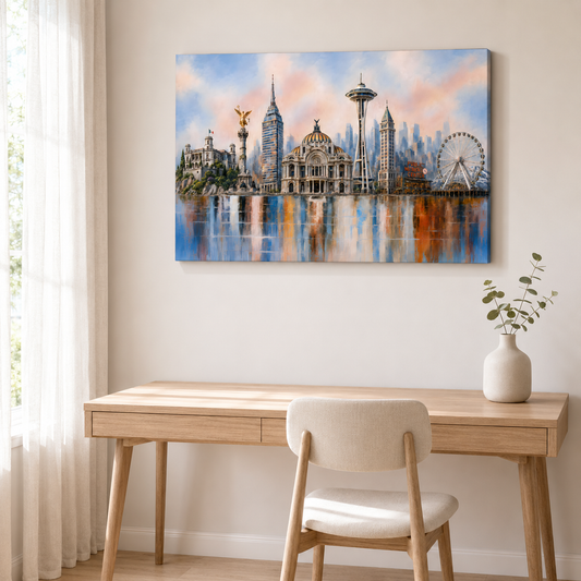 A rectangular custom two-city canvas wall art print depicting a colorful city skyline with reflective water, hung above a light wood desk and chair in a bright room with a vase of greenery.