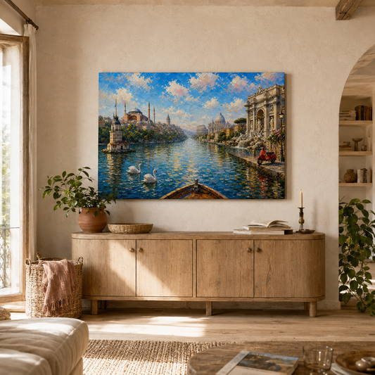 Custom Life Story Landscape Canvas blending Istanbul and Rome into one oil painted scene