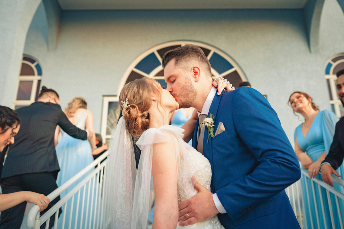 International couple at their wedding in a romantic portrait