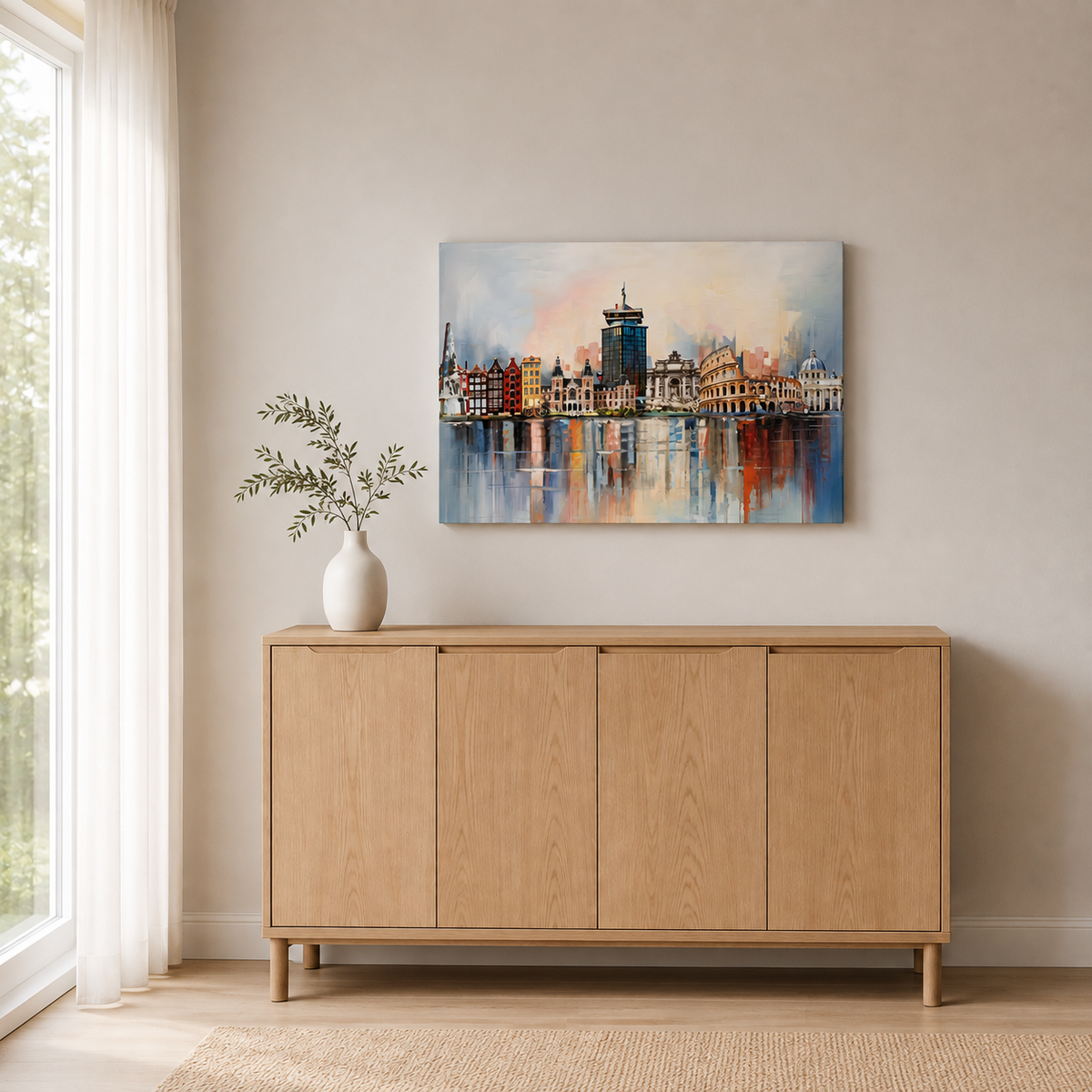 A colorful canvas painting of Amsterdam & Rome landmarks combined, displayed on a beige wall above a light wood sideboard in a bright room.