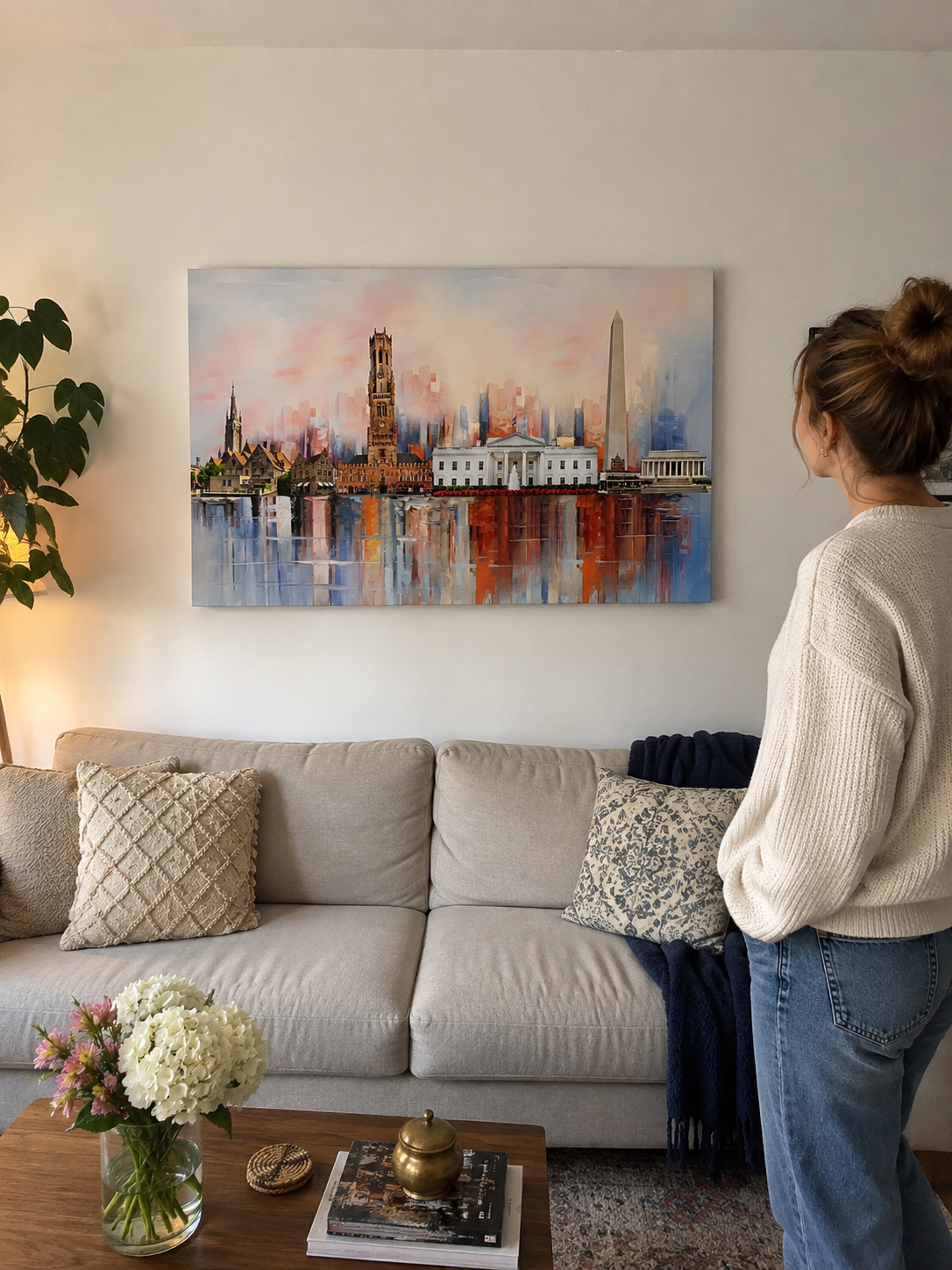 Custom artwork of bBruges & Washington D.C. in living room with girl looking at it