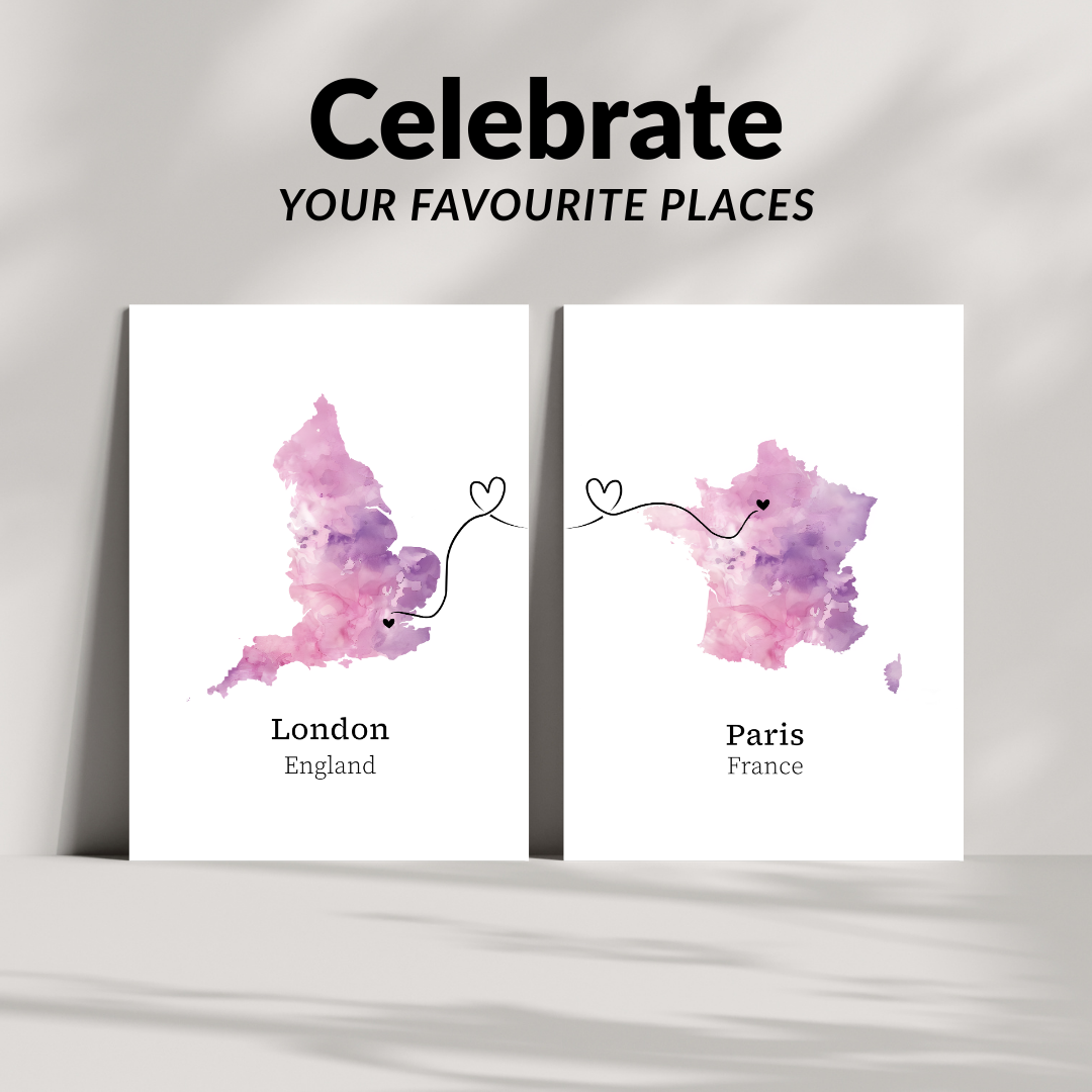 Two watercolor maps of London and Paris with decorative elements on a white background.