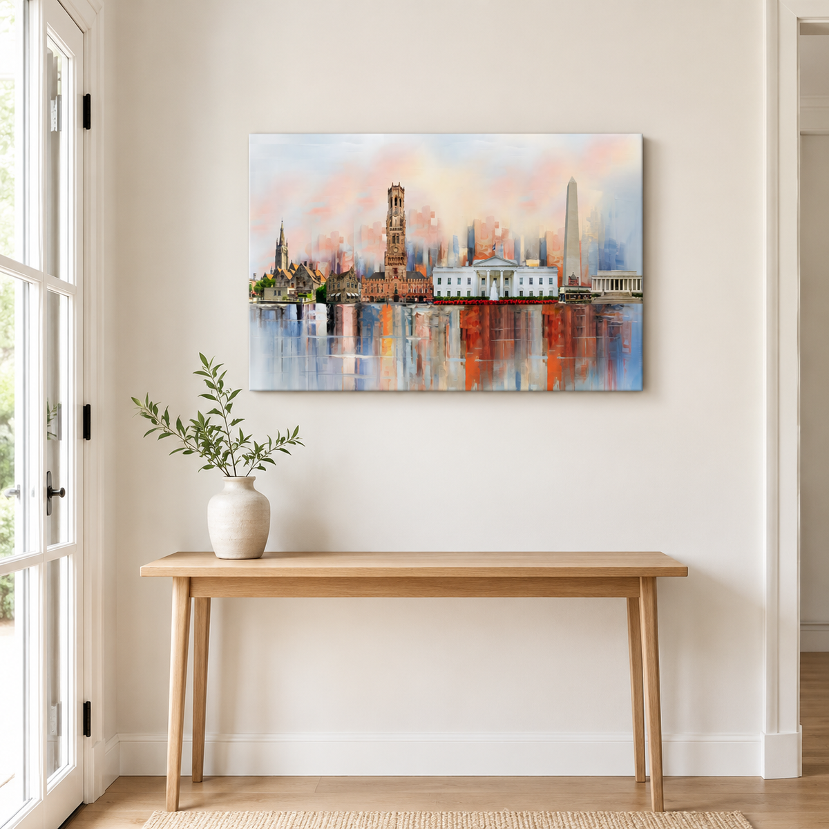 Custom canvas of two cities (Bruges 7 Washington D.C.) in a hallway.