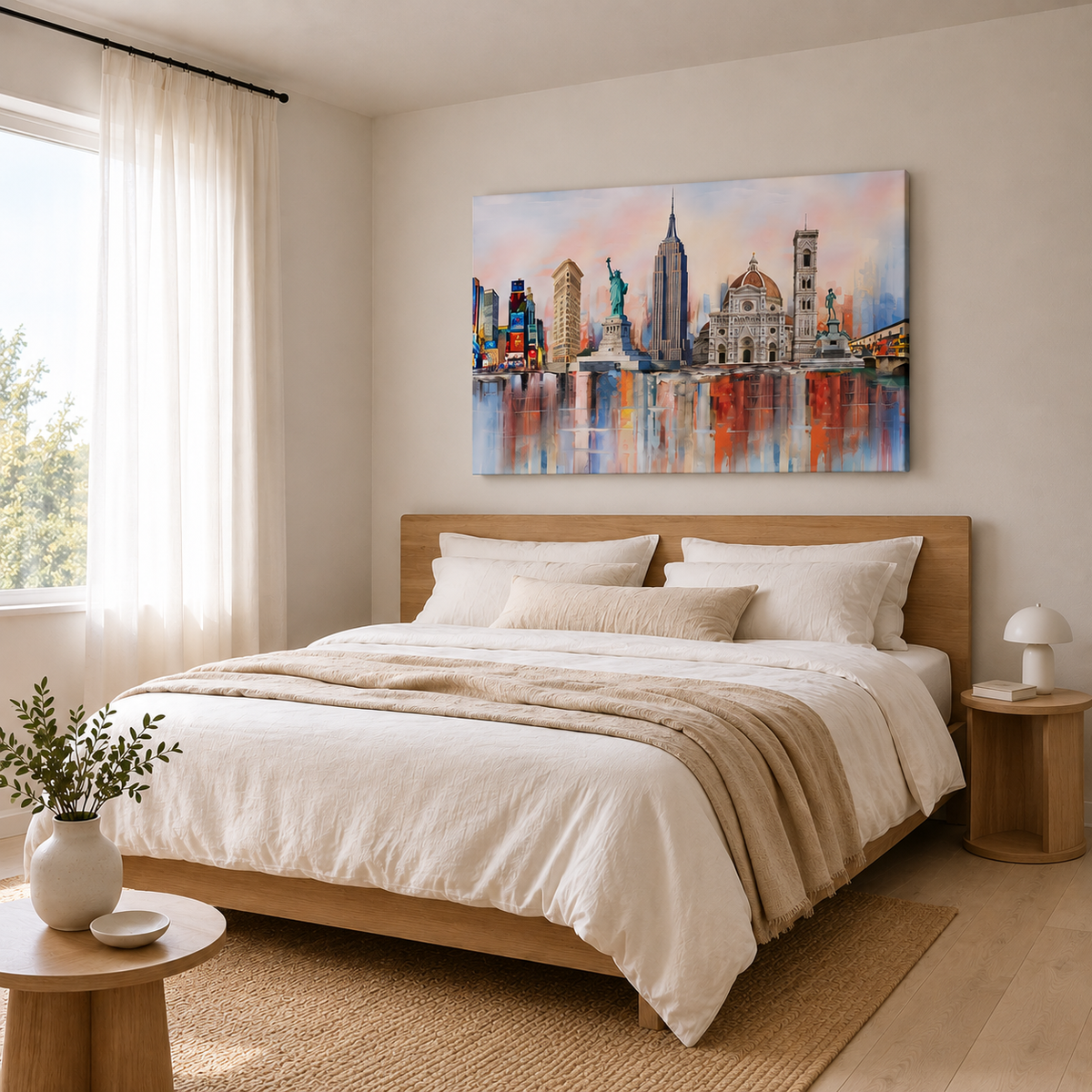 A large rectangular custom canvas print of New York & Florence hangs above a neatly made bed in a bright, modern bedroom with beige bedding, a wooden headboard, and natural light from a window.